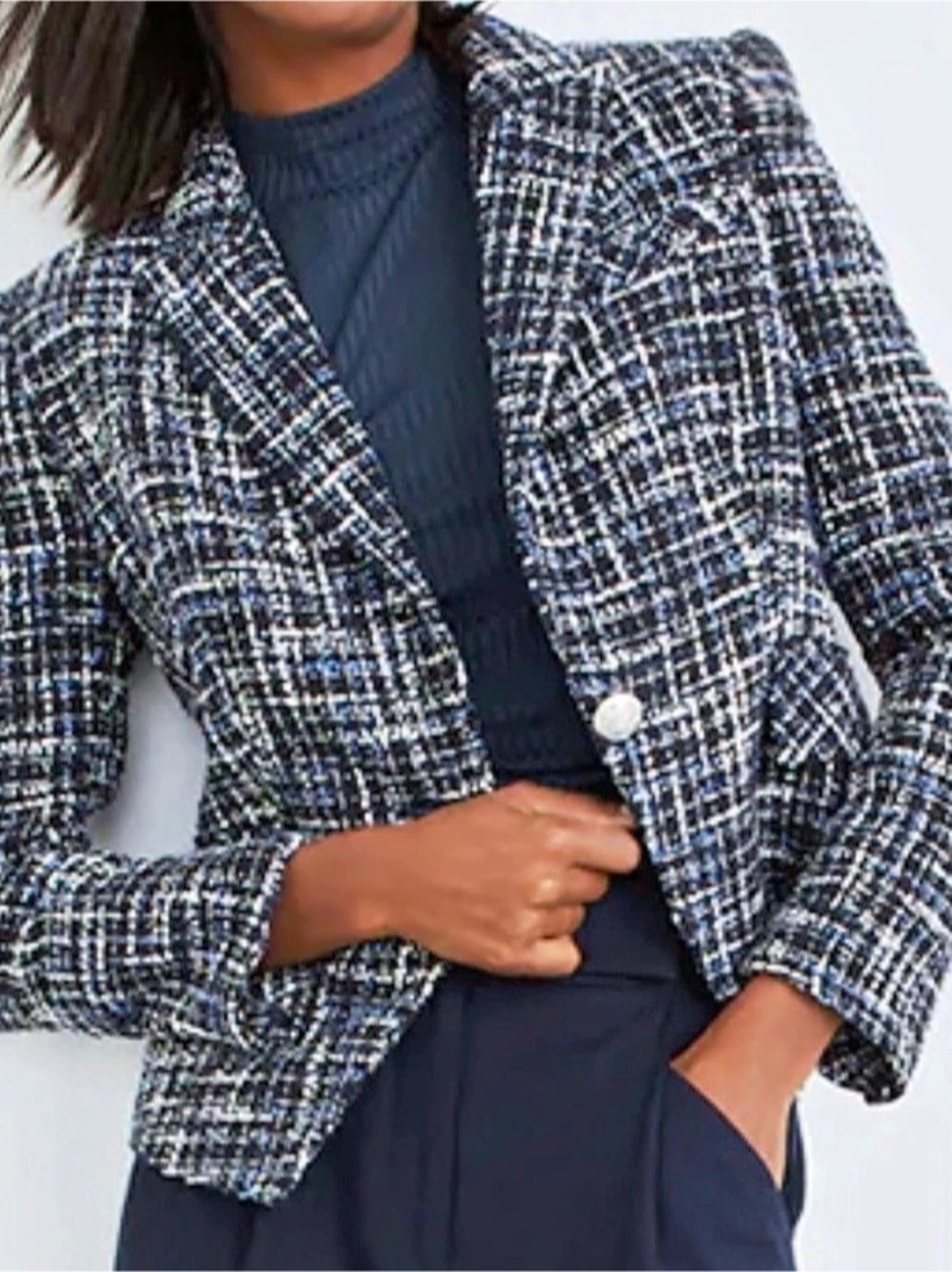 Veronica Beard Hosanna Dickey Size 12 Navy Blue Plaid Tweed Cropped Blazer